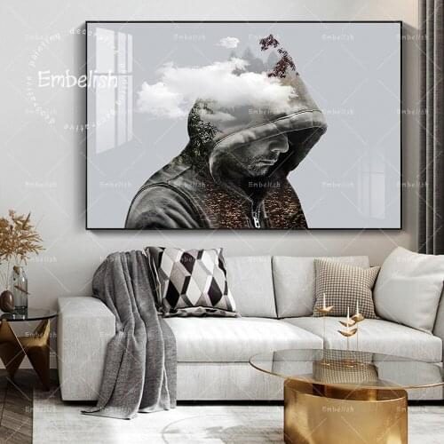 1 Pieces Black And White Surreal Man With Cloud And Tree Abstract Wall Art Pictures For Living Room Home Decor Canvas Paintings