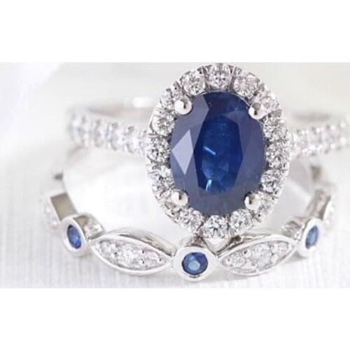 2pcs/set Vintage Oval Cut Navy Natural Crystal Engagement Ring Set Anniversary Gift Women Wedding Banquet Party Jewelry Ring