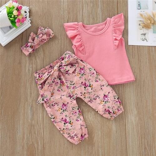 Newborn Kid Baby Girl clothes solid sleeveless round neck pullover Ruffle Tops Floral print Pants Bow Headband 3pc cotton outfit