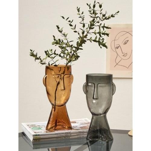 Abstract Human Face Glass Vase Decorative Bust Flower Vase Art Ornament Home Glassware Living Room Decor Cafe Craft Furnishing