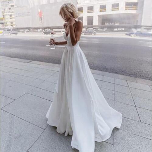 Satin A Line Wedding Dresses Beach Spaghetti Straps V Neck Bride Gowns 2021 Abito Da Sposa Backless Wedding Gowns