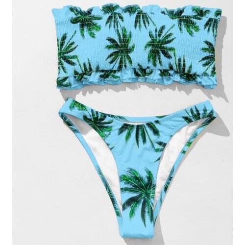 Bikinis 2021 Mujer Leaf Print Ruched Swimwear Women Swimsuit Bandeau Strapless Bikini Set Brazilian Thong Bathing Suit Biquinis