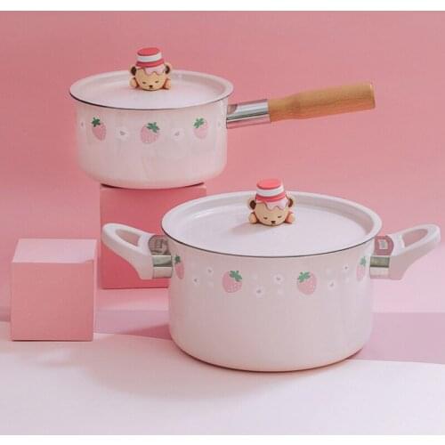 Pink Girl Heart Teddy Bear Series Enamel Soup Pot Single Handle Milk Pot Gas Stove Induction Cooker Universal Cooking Enamel Pot