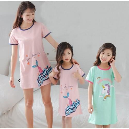 Girls Cotton Unicorn Nightdress Parent-child Baby Sleeping Dress Children Summer Short-sleeved Nightgown Little Girl Sleepwear