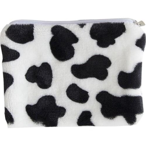 Cute Black White Milk Cow Printed Mini Coin Purse Female Girls Money Change Plush Storage Bag Short Zipper Wallet Casual