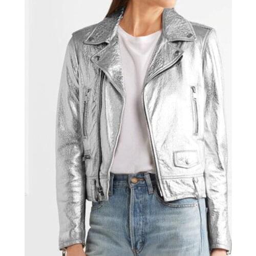 Real leather jackets for women spring autumn winter female moto biker sheepskin genuine leather coats white black silver A218
