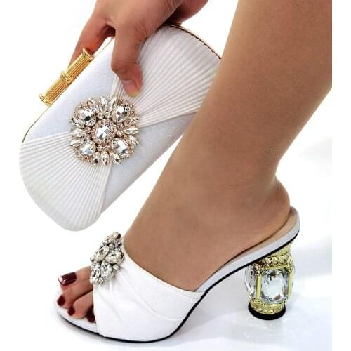 Top Sale White Women Shoes Match Purse With Crystal Decoration African Dress Pumps And Handbag Set CR139,Heel 9.5CM