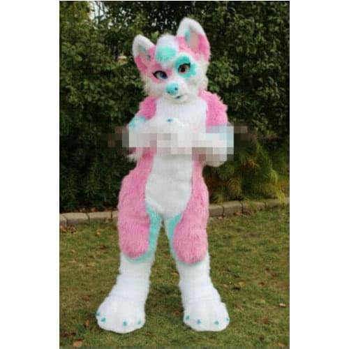 MascotBJ Cute Pink Long Fur Fox Wolf Fursuit Furry Mascot Costume Adult Outfit Dress