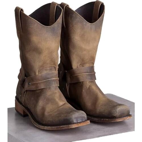 2020 New Mens boots Fashion Retro Martin boots Mid-calf Roman Boots Belt Buckle Square Head Comfortable Men Shoes Waterproof