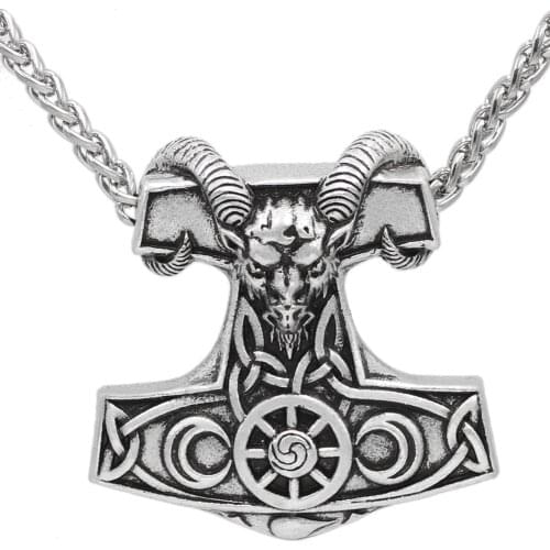 Men Viking Goat Thors Hammer Mjolnir with Rune Amulet Pendant Necklace