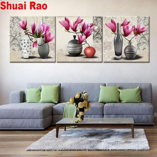 Still life Magnolia vase 3 piece set diamond painting full square drill cross stitch mosaic embroidery 3d picture orchid flowers