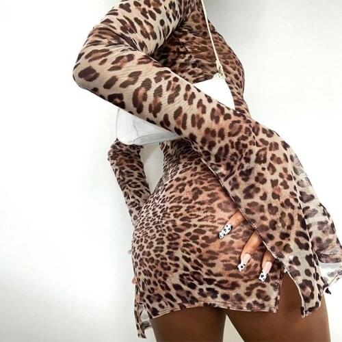 Autumn Women Leopard Print Mini Dress 2021 Fashion Sexy Side Slit Bodycon Party Dress Casual Slit Long Sleeve Clothes Vestidos