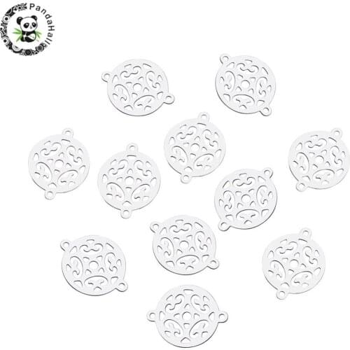 20pcs Connectors Platinum Tone Flat Round 202 Stainless Steel Filigree Links For Jewelry Making DIY Earring 19x15x0.2mm Hole 1mm