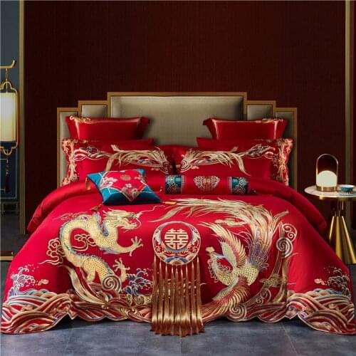 Luxury 4/6/9Pcs Chinese Wedding Satin Jacquard Bedding Set 1000TC Egyptian Cotton Gold Long Phoenix Tassel Quilt Cover Bedspread