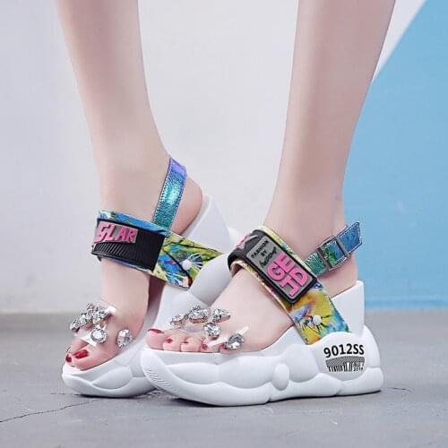 Lucyever 2020 Summer Women Sandals Fashion Transparent Diamond Wedge Sandal Rhinestone High Heels Chunky Platform Shoes Woman