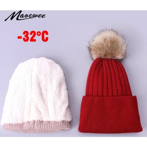 Winter Children Hat Warm Faux Fur Pompoms Hats With Lining Thick Knitted Warm Beanie Ski Caps Solid Color Kids Skullies Beanies