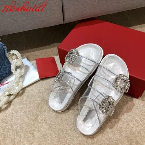 Crystal Woman Slippers New Luxury Designer Brand Flip Flops Pvc Clear Summer Outdoor Beach Female Sandals Genuine Leather Flats