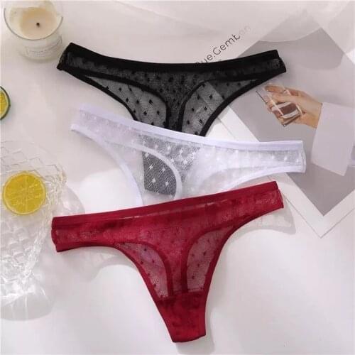 FINETOO Sexy G-String Thong Lace Womens Panties Low-Waist Female Underpants Mesh Perspective Briefs Lingerie M-XL
