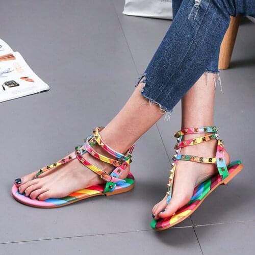 Hot Summer Big Size Women Shoes Rivet Belt Buckle Slippers Fashion Flat Colorful Beach Slides Ladies New Open Toe Pinch Sandals