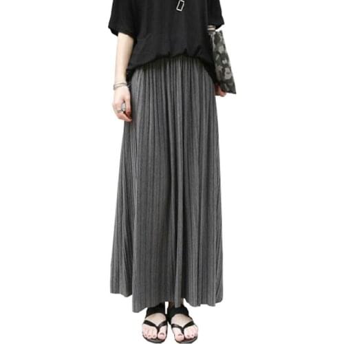 Pleated Skirt Women Spring Autumn Black&Grey Casual Skirts 2020 Summer Vintage Slim Mid-Calf Skirt Elastic Waist Loose Skirt