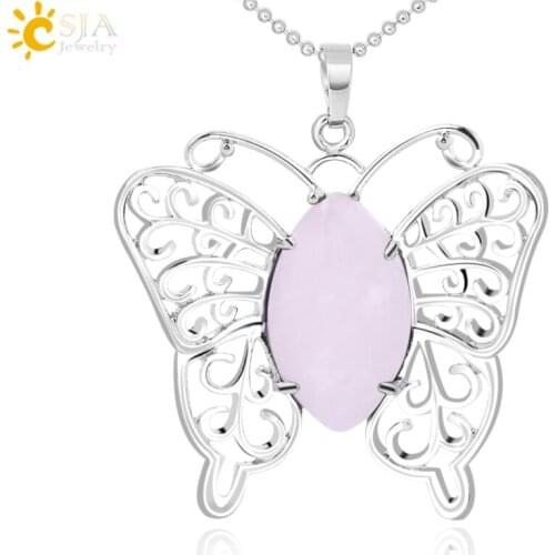 CSJA New Arrival Cute Butterfly Pendant & Necklace Silver Color Wings Natural Stone Pink Quartz Crystal Beads Women Jewelry F769