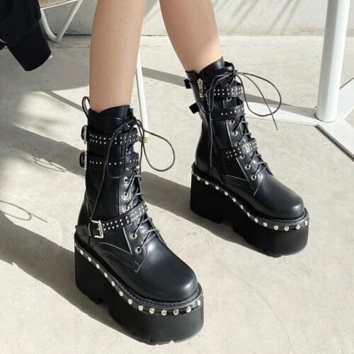 Krasovki Ankle Boots Genuine Leather Black Motorcycle Women Boots Platform Chunky Heel Shoes For Female