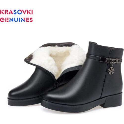 Krasovki Genuines Wool Women Snow Boots Warm Genuine Leather Fur Warm Plush Ankle Boots High Heel Causal Women Winter Boots