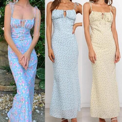 Floral Print Tie Front Backless Sling Slim Women Maxi Dress Sundress for Beach Fashion Laides Elegant Club Chic Long Dresses