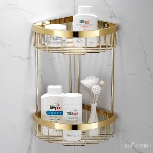 Gold Bathroom Shelf Brass Shower Shampoo Soap Cosmetic Kitchen Rectangle Corner Holder 1-2 Tier Bath Accessories Nail Punched