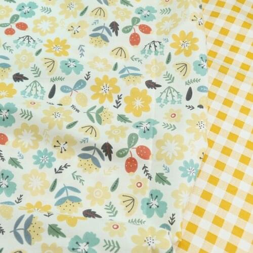 235x50cm Printed Pure Cotton Fresh and Beautiful Small Floral Yellow Grid Fabric, Making Quilt Cover Cloth