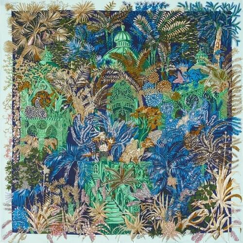 90cm "Palaces in the jungle" Luxury Brand Scarf Women Bandana Handmade Curled Twill Silk Square Hijab Scarf Foulard Head Scarves