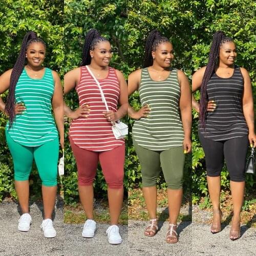 Women Sets Summer Tracksuits Striped Pink Print Sportswear Tops Knee Length Pants Suit Two Piece Set Street 2Pcs Outfits New