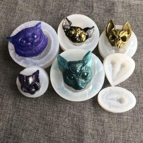 Epoxy Resin Cat Charms Silicone Molds Jewelry Casting Sphynx Cat 3 Eyes Kitty Horns Kitten Head Raven Crow Skull Mold