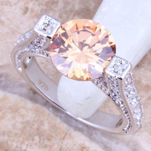 Pretty Champagne Morganite White CZ Silver Plated Womens Jewelry Ring Size 6 / 7 / 8 / 9 R1448