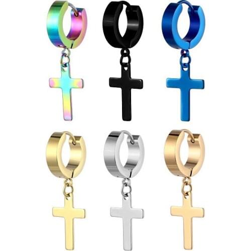 Gothic Punk Rock Style Mens Cross Earrings Black/Gold/Silver Ear Buckle Cross Pendant Hoop Earrings For Women Friendship Gift