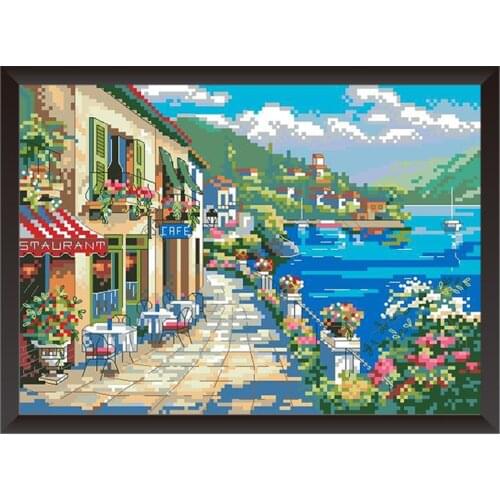 Seaside Town Counted Pattern Cross Stitch Kits Printed Fabric Embroidery Needlework Sets 11CT 14CT DIY Handmade Home Decorations