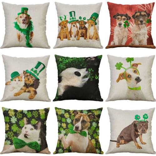Dog With Green Hat Pillowcase Decor 18'' Cotton Linen Print Home Sofa Cushion Cover