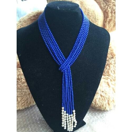 New charming 4mm blue lapis lazuli bead & White Pearl Necklace pendant 50"