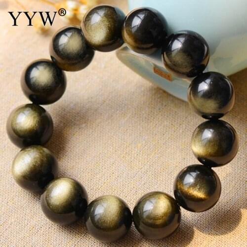New Design Natural Gold Obsidian Bracelet Jewelry Natural Stone Beads Round Bracelet Bangle For Men & Women Valentines Gift