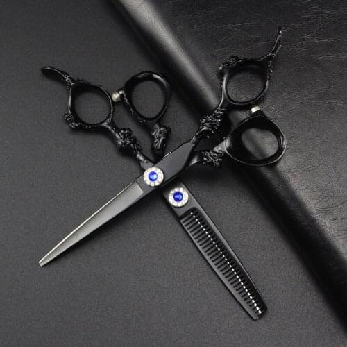 Professional japan 440c 6 '' black dragon cut hair scissors hair cutting barber haircut thinning shears hairdressing scissors