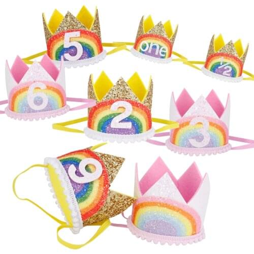 0-9 Rainbow Birthday Crown Party Hats Boy Girl Kids One Year Princess Crown Headband Baby Shower 1st Birthday Decor Party Supply