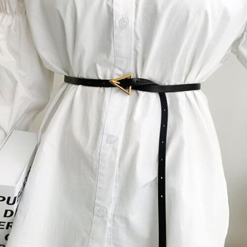 New Women Leather Small Knot Thin Belt Metal Round Triangle Buckle Waist Belts Designer Ladies Dress Decorative Waistband