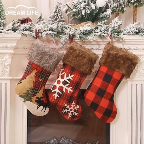 Christmas Stocking Gift Bag Decoration Embroidered Snowflake Decorative Pendant Brown Fur Festival Home Room Decor Accessories