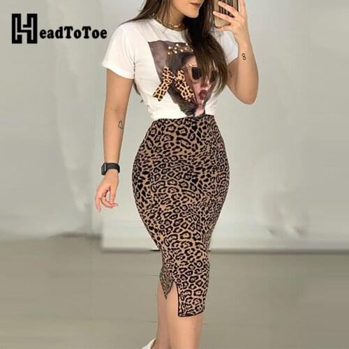 Short Sleeve Print Top & Leopard Slit Skirt Set