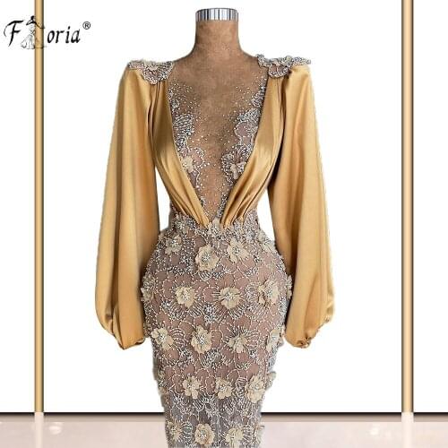 Formal robe de soirée Champagne Evening Dresses 2021 African Lantern Sleeve Prom Dress With 3D Floral Appliqued vestidos formale