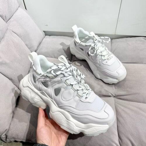 Women Fashion White Sneakers 2021 Spring Platform Chunky Casual Shoes Brand Old Dad Shoes White 5cm Round Toe Lace-up