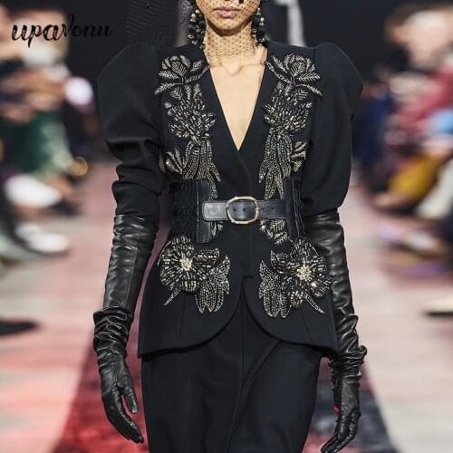 Free Shipping High Quality Womens Blazer V-neck Bubble Long Sleeve Slim Blazer Elegant Beaded Sequins Blazer 2021 New Trend