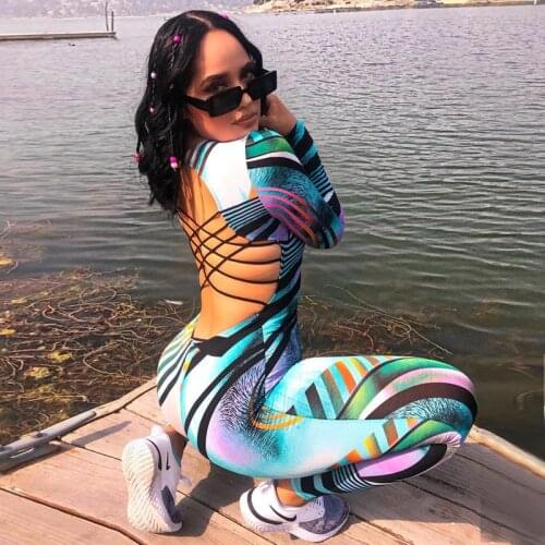 GXQIL Sexy Backless Print Yoga Jumpsuit Women Sportswear 2021 Fashion Long Sleeve One-piece Suit for Gym Outfit Sport Overalls