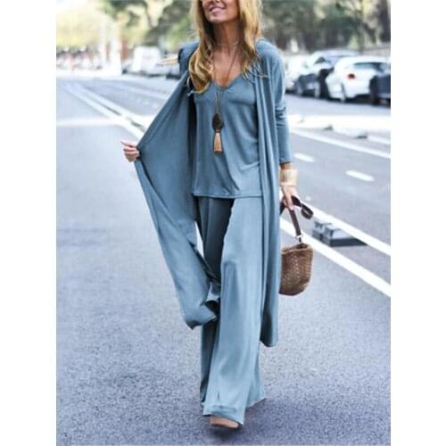 Autumn womens Suspender Top + Trousers + Cardigan Casual Style Polyester 2021 Loose Three Piece Set V-neck Straight Tube