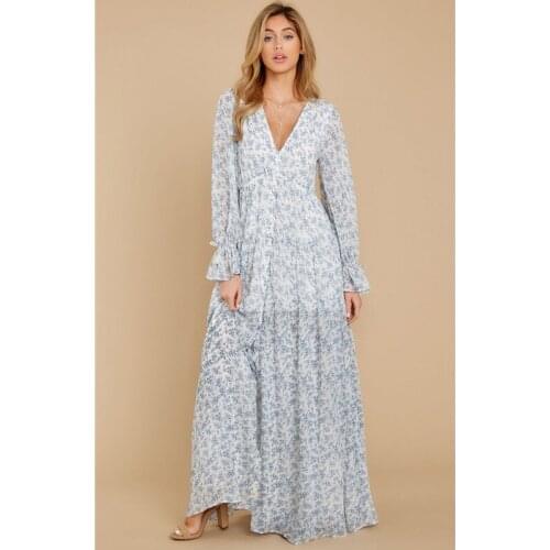 Autumn Spring Beach Maxi Dress Women Flower Print Bohemian Long Chiffon Dress V-neck Split Large Hem Sexy Robe Ladies Dresses